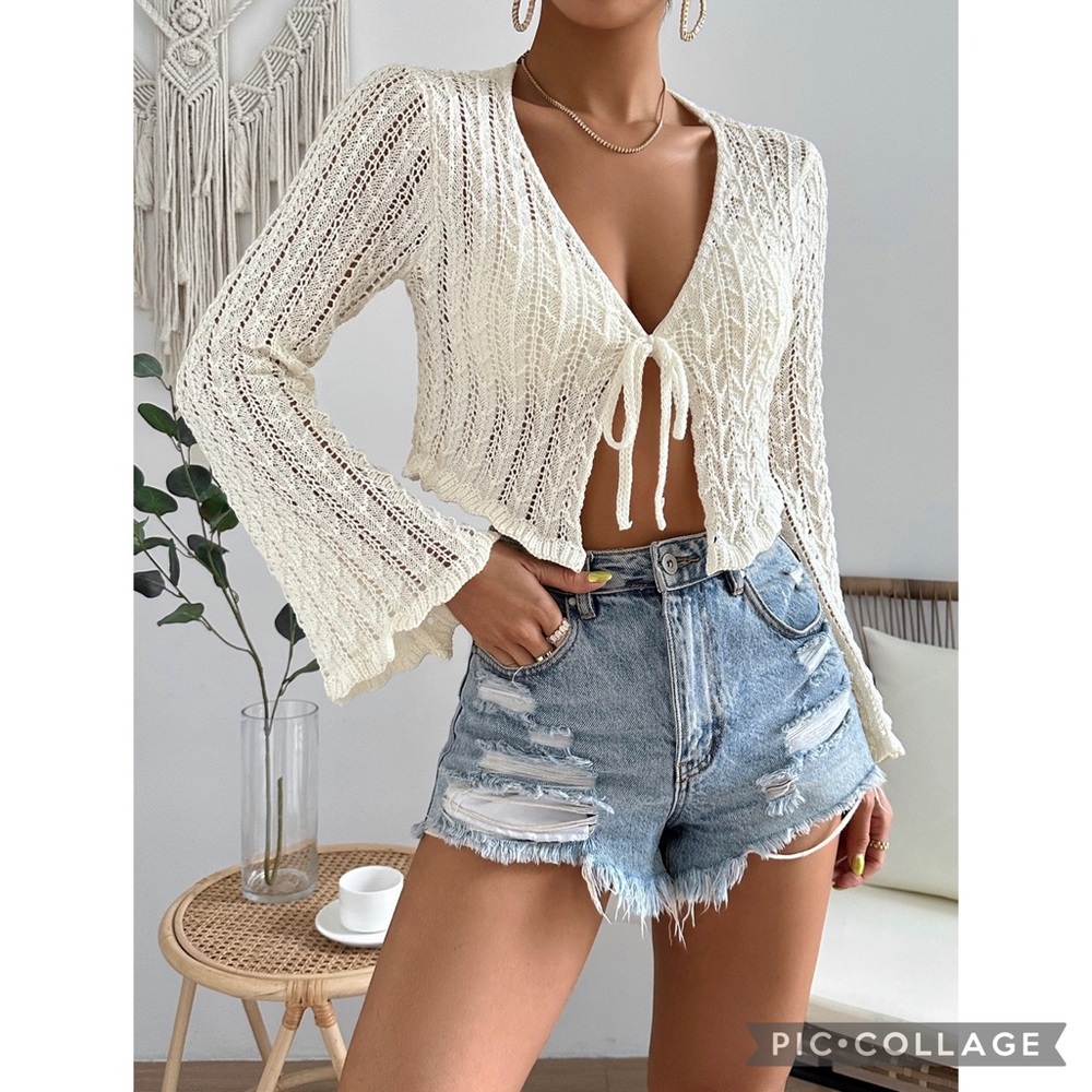 Cottagecore Cream Cropped Open Knit Bell Sleeve Front Tie Cardigan - Picture 3 of 7